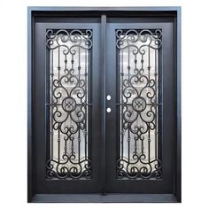 an iron door with glass panels and wrought bars on the sides, is shown in black