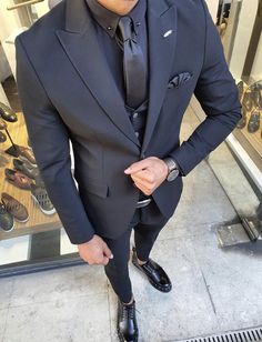 Henderson Black Slim Fit Suit-baagr.myshopify.com-suit-BOJONI Masculine Contemporary, Wedding Suits Men Black, Terno Slim Fit, Black Suit Vest, All Black Suit, Suits Groom, Prom Suits For Men, Black Suit Men, Slim Fit Suit Men