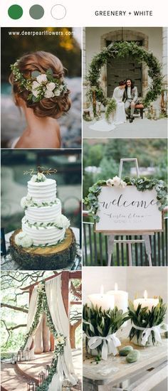 a collage of wedding photos with greenery and white