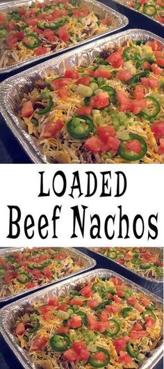 four pans filled with loaded beef nachos