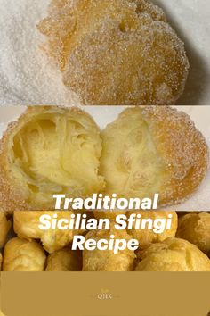 Three photos of traditional Sicilian sfingi coated in granulated sugar. St Josephs Pastries, St Joseph Pastry Recipe, St Joseph's Day Food, St Joseph Feast Day Food, Sfingi Recipe, St Joseph Bread Recipe, St Joseph Pastry, Sicilian Recipes Authentic, Zeppoli Recipe