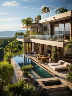 a large house with a swimming pool in front of it and trees around the perimeter