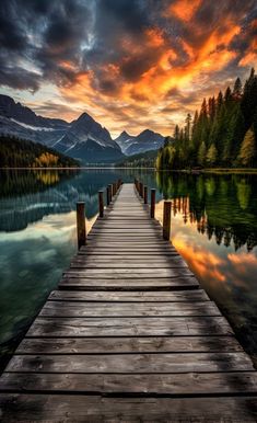 a wooden dock sitting on top of a lake under a cloudy sky with mountains in the background