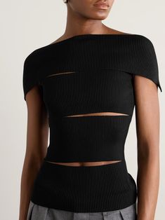 PETER DO Off-the-shoulder cutout ribbed-knit top | NET-A-PORTER Modern Black Ribbed Top, Fitted Ribbed Tops For Evening, Stretch Ribbed Evening Tops, Fitted Ribbed Evening Tops, Elegant Ribbed Off-shoulder Tops, Party Ribbed Fitted Knit Top, Fitted Ribbed Off-shoulder Knit Top, Fitted Off-shoulder Ribbed Knit Top, Peter Do