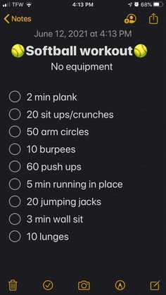 the softball workout log is displayed on an iphone screen, with instructions for how to use it