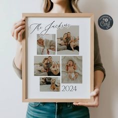 a woman holding up a framed family photo