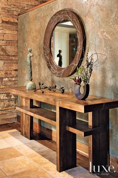 Mirror makes the finishing touchArchitectureJohn Muir and Lane LaugesenInterior DesignKarl Foster and Natalie Lynch PhotographyDavid OMarlow Colorado Summer 2010 Feature Rustic Wall Mirrors, Mirror Wall Living Room, Interior Design Rustic, Garden Planter, Living Room Mirrors, Mirror Interior, Rustic Interiors, Wooden Table, Planter Boxes