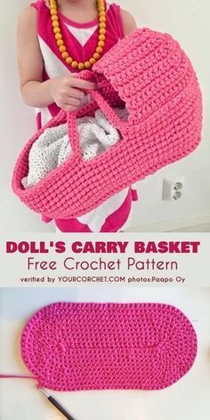 a crocheted purse is shown with text that reads doll's carry basket free crochet pattern