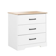 a white dresser with two drawers and a wood top on the bottom, against a white background