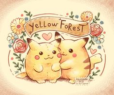 two yellow cats sitting next to each other on top of a pink background with flowers