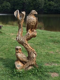 an eagle statue sitting on top of a tree stump next to a body of water