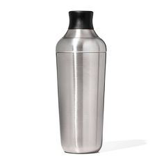 a stainless steel bottle with a black top on a white background for use as a drink dispenser