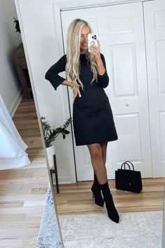 Casual Fall Black Dress Outfit, Dress And Boots Office Outfit, Fall Office Outfits For Women Boots, Black Dress With Tall Boots Outfit, Black Ankle Boots Dress, Sock Boots Outfit Dress, Fall Work Dresses, Wedding Guest Dress With Tights, Black Booties Outfit Work