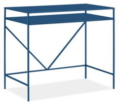 a blue desk with an open top and metal frame on the bottom, against a white background