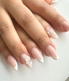 prom/wedding/ birthday French tip 3D flower 3d Flower Wedding Nails, French With 3d Flower, Wedding Nails With 3d Flowers, Nails White Flowers, Wedding Nails For Bride French, French With 3d Flower Nails, Wedding Nails Flowers, Wedding Nails For Bride Bridal Simple, French Tip Nails Round