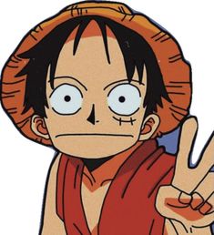 an image of a cartoon character making the peace sign with his hand and wearing a straw hat