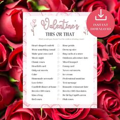 valentine's day checklist with red roses and the words, this or that