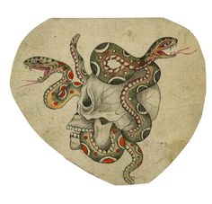 a heart shaped box with an image of a snake and skull on the front side