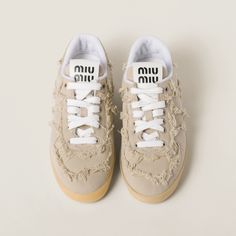 Find MIU MIU Denim Sneakers on Editorialist. Upper with fraying Fabric lining Screen-printed logo on the tongue and insole Cotton laces Rubber sole with logo Removable fabric-covered insole Miu Miu Jeans, Designer Sneakers Women, Miu Miu Logo