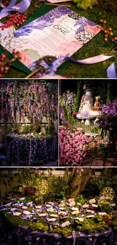 the wedding cake is surrounded by flowers and ribbons