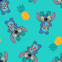 a cartoon character with sunglasses and pineapples on a blue background