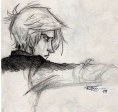 a pencil drawing of a person with long hair and an arm extended, holding something in one hand