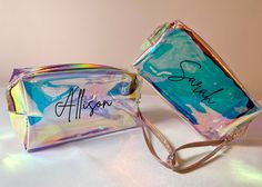 This custom printed holographic/iridescent bag makes the perfect gift for not only yourself but as a bridesmaid proposal bag, for educators & healthcare workers, makeup bags, travel bag, toiletry bag among many more! This listing is for one HOLOGRAPHIC WRISTLET ♡ Dimensions: 7.28 in x 2.75 in. x 3.74 in. (L x W x H) ♡ Material: Holographic TPU with Holographic Wrist Strap - the color of the bag varies in different lighting. If you would like more than one bag, please add them to the cart individ Bridesmaid Proposal Bag, Iridescent Makeup, Holographic Bag, Holographic Iridescent, Bridesmaid Tote Bags, Personalized Makeup Bags, Jelly Bag, Healthcare Workers, Makeup Organizer