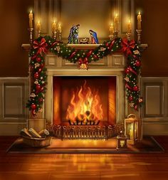 a fireplace decorated for christmas with stockings and candles