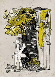 a drawing of a woman sitting in front of a closet filled with clothes and shoes