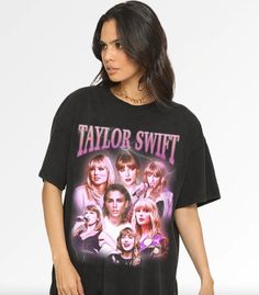 a woman wearing a black taylor swift t - shirt