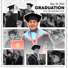 an advertisement for graduation with photos of men in caps and gowns, one man is holding a trophy