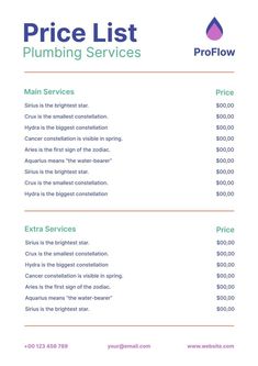 the price list for plumbing services