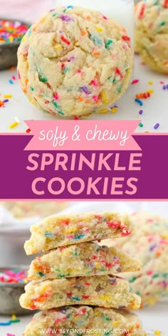 sprinkle cookies stacked on top of each other with the words soft and chewy