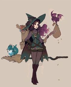 a woman with purple hair wearing a witch costume and holding a broom in her hand