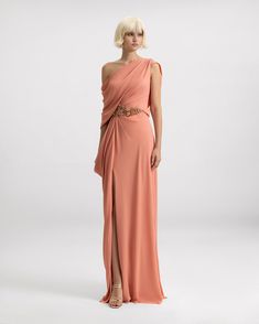 One-Shoulder Draped Dress One Shoulder Drape Dress, Orange Gown, Draped Dress, Dress First, Western Wear, Skirt Top, Evening Gown, Formal Occasion, Evening Dress