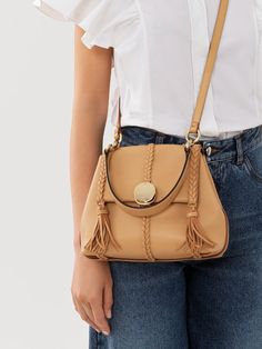 Shoulder bag Chic Calf Leather Saddle Bag, Textured Leather Flap Shoulder Bag For Work, Chic Soft Leather Satchel With Flap, Chic Textured Leather Flap Bag, Chic Flap Bag With Textured Leather, Chic Flap Bag In Textured Leather, High Fashion 2023, Chloe Outfit, Leather Braiding