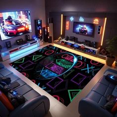 a living room with two couches and a rug that has neon lights on it