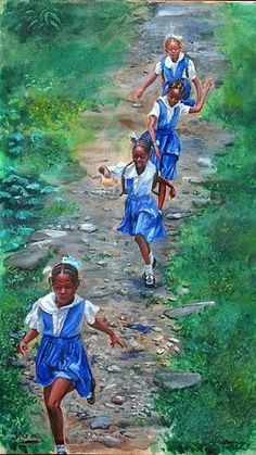 three children running down a dirt path in blue dresses and white shoes, with trees behind them