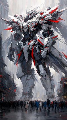 a painting of a giant robot standing in the middle of a city with people walking around