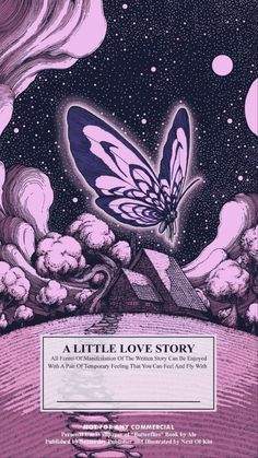 a purple and black poster with a butterfly on it's wings, in the middle of