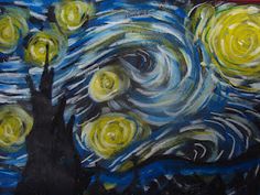 a painting with yellow and blue swirls in the shape of a starry night