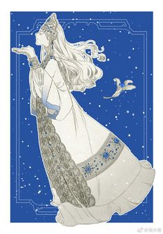 a drawing of a woman with long white hair wearing a dress and holding a bird in her hand