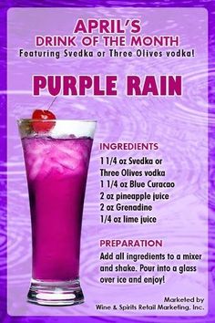 Purple Liquor Drinks, Purple Mixed Drinks Alcohol, Purple Cocktails Recipe, Purple Alcoholic Drinks, Purple Rain Drink, Purple Rain Cocktail, Purple Drink