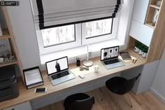 a desk with two laptops and pictures on it