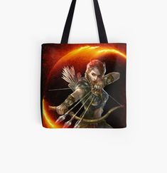 a woman with an arrow and bow in front of a red sun tote bag