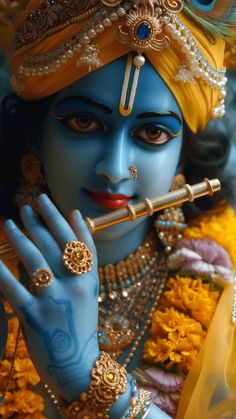 a close up of a person with makeup on and holding a flute in their hand