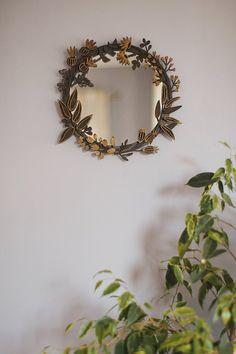 a mirror hanging on the wall next to a potted plant