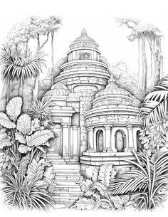 a black and white drawing of a temple surrounded by tropical plants, trees and flowers