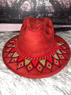 Red Brimmed Costume Hat For Festival, Red Brimmed Costume Hats And Headpieces For Festivals, Red Brimmed Festival Costume Hat, Red Brimmed Festival Costume Hats And Headpieces, Unique Handmade Hat Bands For Beach, Handmade Red Party Hat, Bohemian Style Adjustable Hats For Party, Bohemian Multicolor Handmade Fedora, Unique Adjustable Mini Hats For Festivals