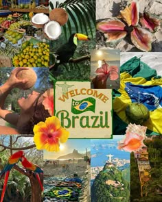 a collage of pictures with flowers, plants and people in the background that include a welcome to brazil sign